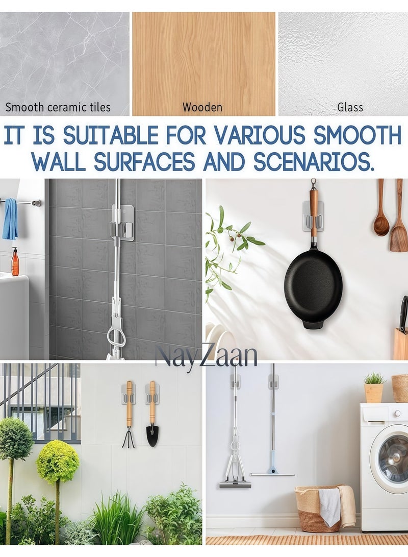 NayZaan 4 Pack Broom & Mop Holder Wall Mount – Improved Super Anti-Slip Grippers, Self-Adhesive No Drilling Design, Fit for Kitchen, Bathroom, Closet, Garden, Garage (Silver) - Image 4