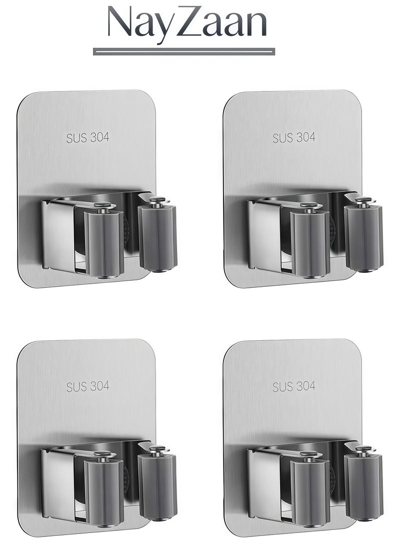 NayZaan 4 Pack Broom & Mop Holder Wall Mount – Improved Super Anti-Slip Grippers, Self-Adhesive No Drilling Design, Fit for Kitchen, Bathroom, Closet, Garden, Garage (Silver) - Image 1