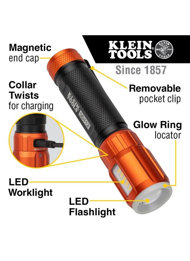 كلاين تولز مصباح يدوي LED قابل لإعادة الشحن من Klein Tools 56412 مع ضوء كاشف، 500 لومن، USB-C قابل لإعادة الشحن، مشبك جيب، مغناطيس، للعمل الاحترافي  - Image 1