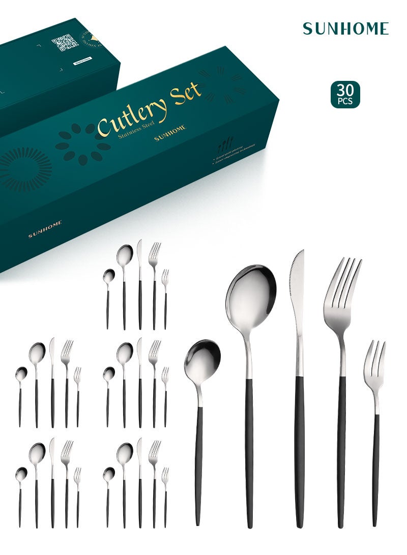 صن هوم SUNHOME 30 قطعة فضية مجموعة مجموعة من أدوات الموقف الفولاذ المقاوم للصدأ مجموعة أدوات المائدة ، الخدمة ل 6 ، مرآة الانتهاء ، غسالة الصحون آمنة - Image 1