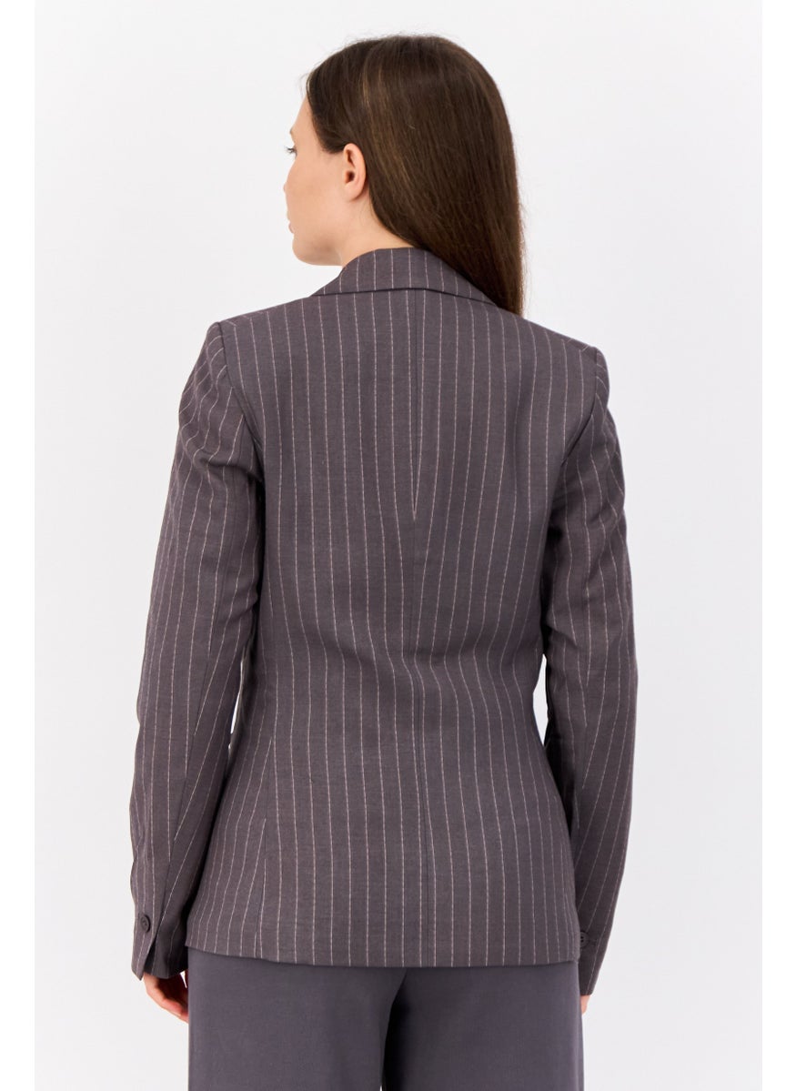 ESPRIT - Women Regualar Fit Stripes Semi Formal Blazer,  Grey - Image 1