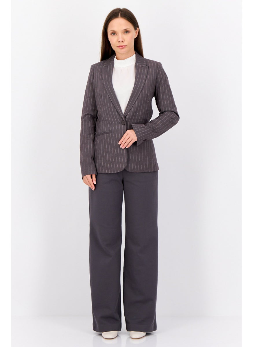 ESPRIT - Women Regualar Fit Stripes Semi Formal Blazer,  Grey - Image 1