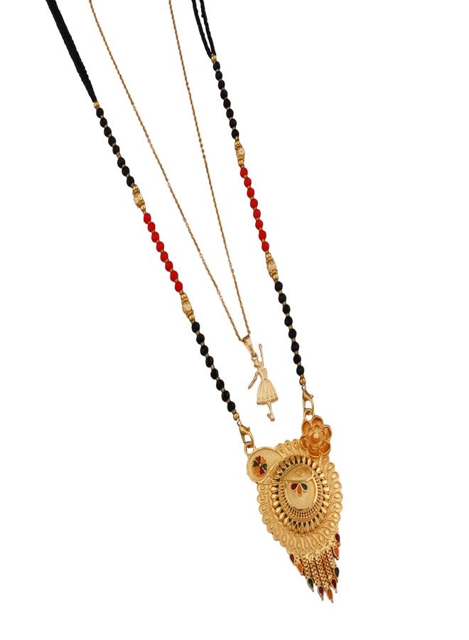 MALKYN Women's Gold Plated Peacock Motif Mangalsutra with Enamel Work and Ballerina Pendant Layered Necklace Set, Traditional Black Beaded Indian Wedding Jewelry-MD-073 - Image 1