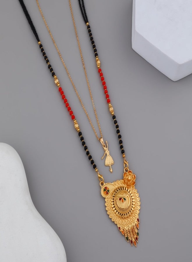 MALKYN Women's Gold Plated Peacock Motif Mangalsutra with Enamel Work and Ballerina Pendant Layered Necklace Set, Traditional Black Beaded Indian Wedding Jewelry-MD-073 - Image 2