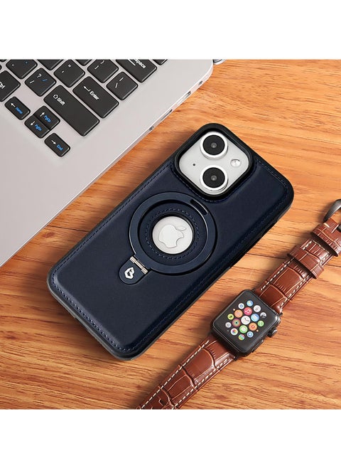 Compatible for iPhone 15 Plus Leather Material Case, Metal Magnetic Folding Stand Case Cover- Blue