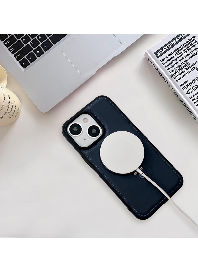 Compatible for iPhone 15 Plus Leather Material Case, Metal Magnetic Folding Stand Case Cover- Blue