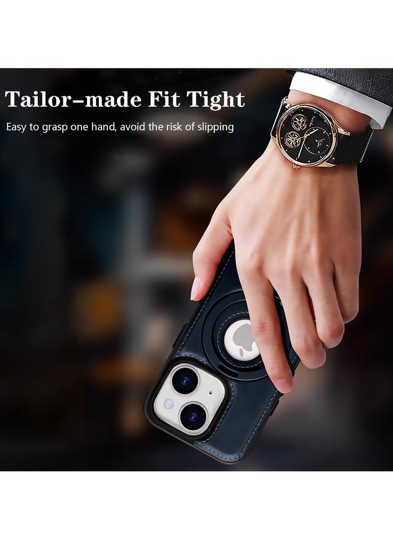 Compatible for iPhone 15 Plus Leather Material Case, Metal Magnetic Folding Stand Case Cover- Blue