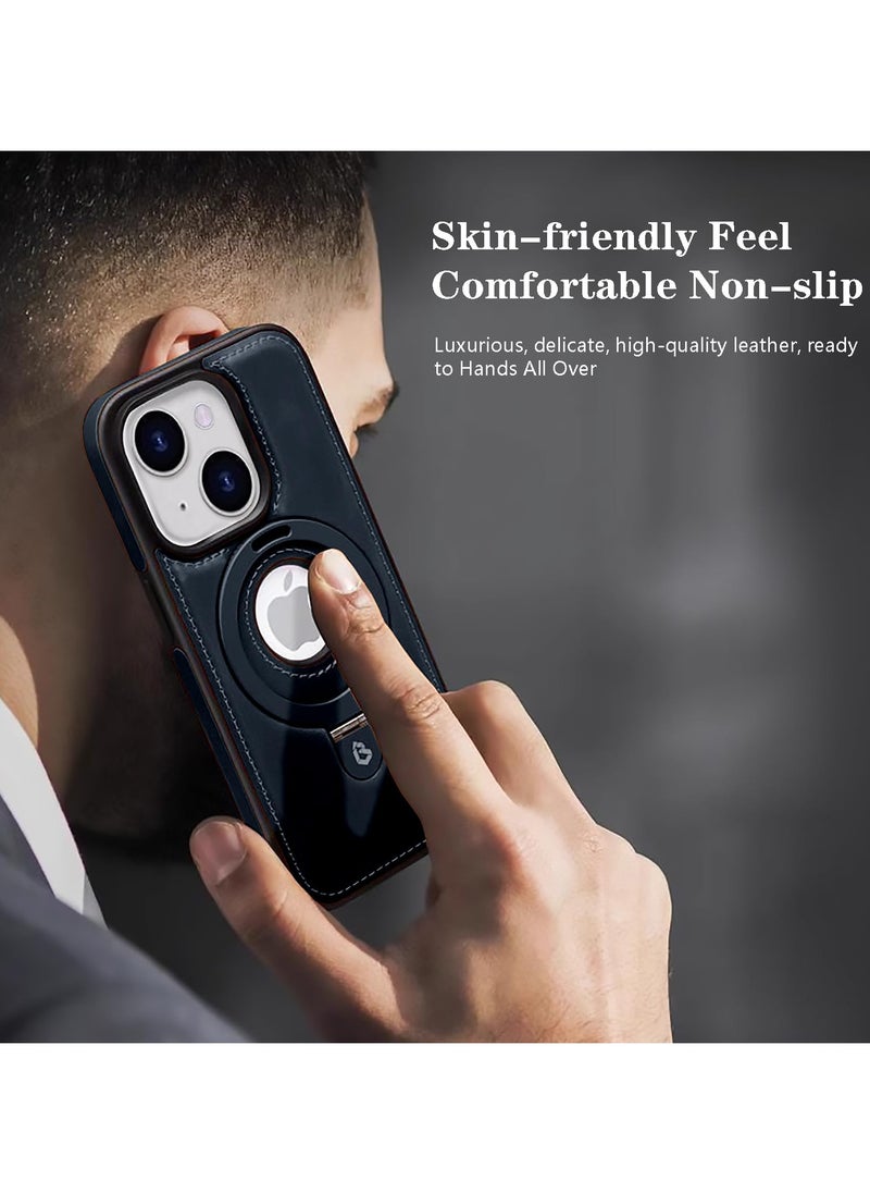 Compatible for iPhone 15 Plus Leather Material Case, Metal Magnetic Folding Stand Case Cover- Blue