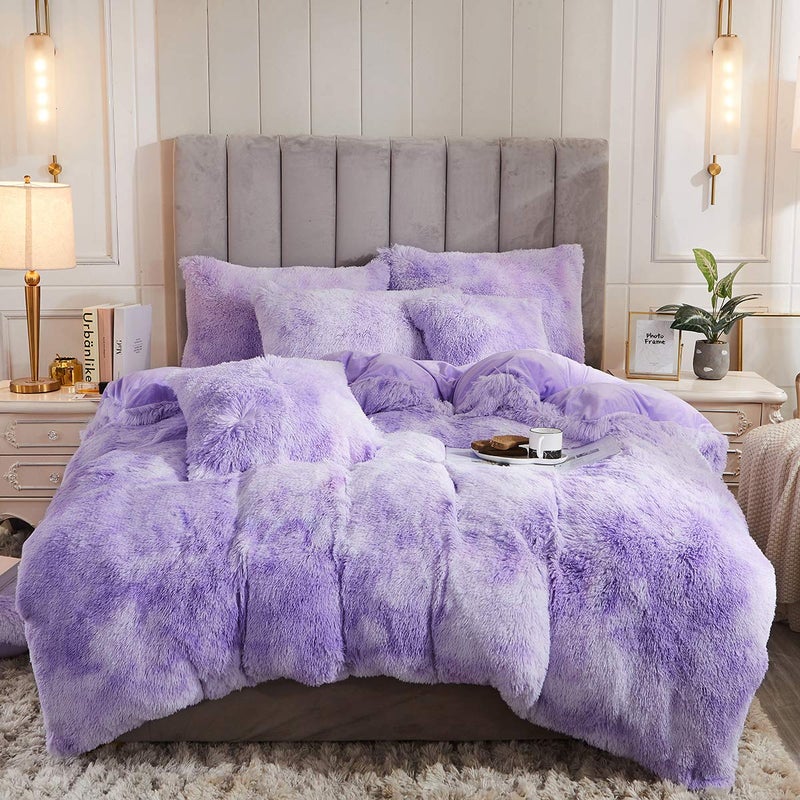 Uhamho Tie Dye Printed Faux Fur Bedding Set Modern Abstract Shaggy Plush Duvet Cover with Pillow Shams Ultra Soft Warm King Tie Dye Lilac