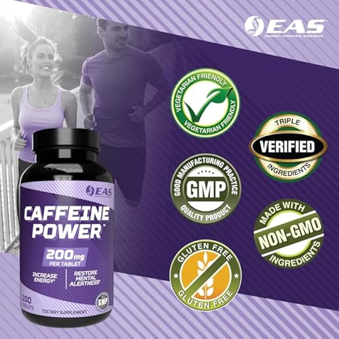EAS Caffeine Power 200mg | Caffeine Pills Supplement | Increase Energy & Restore Mental Alertness | Gluten Free, Non GMO, Vegetarian Friendly | 100 Tablets - Image 4