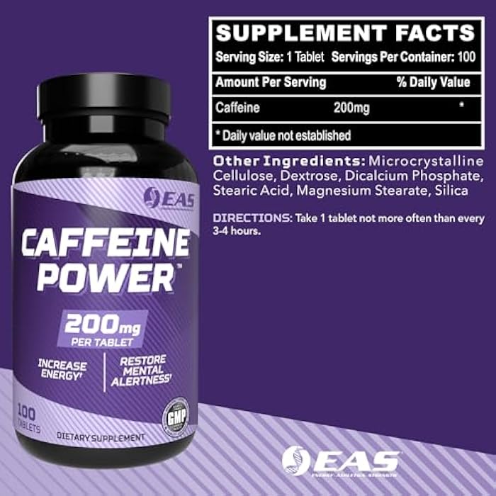 EAS Caffeine Power 200mg | Caffeine Pills Supplement | Increase Energy & Restore Mental Alertness | Gluten Free, Non GMO, Vegetarian Friendly | 100 Tablets - Image 2