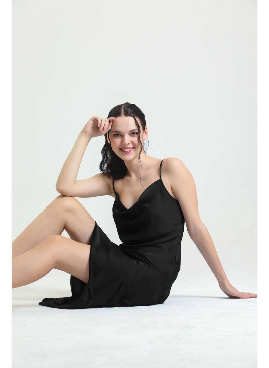 Magic Form - 9790 Degajeed Collar Crepe Satin Long Nightgown-Black - Image 1