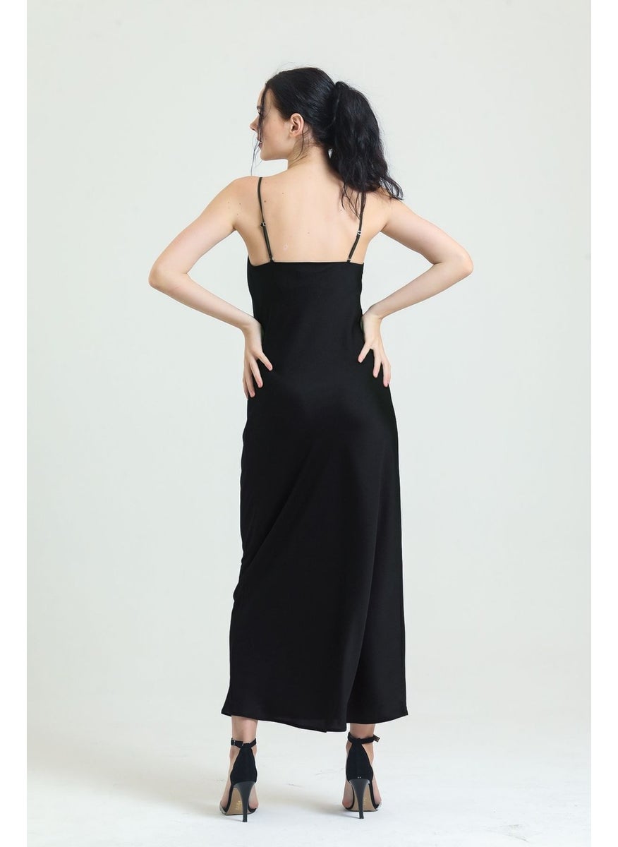 Magic Form - 9790 Degajeed Collar Crepe Satin Long Nightgown-Black - Image 1