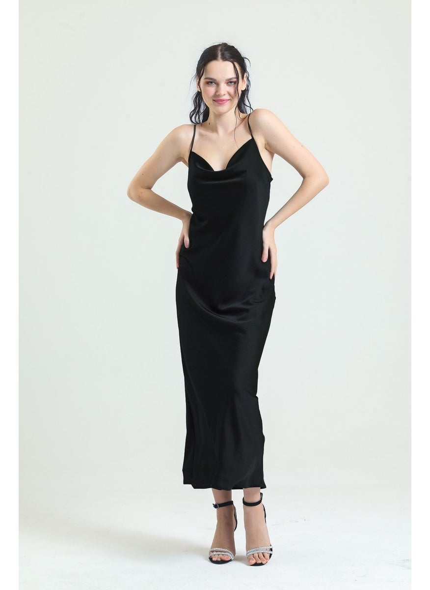 Magic Form - 9790 Degajeed Collar Crepe Satin Long Nightgown-Black - Image 1
