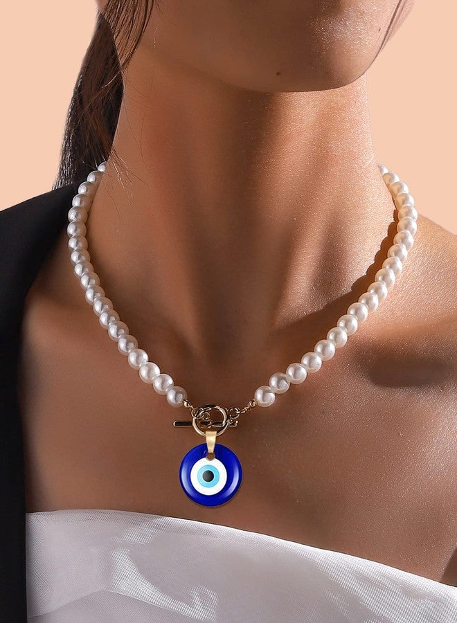 WLL Evil Eye Necklace,Simulated Pearl Choker Necklace Blue Turkish Glass Evil Eye Pendant Necklace for Women Lucky Protection Jewelry (A) - Image 2