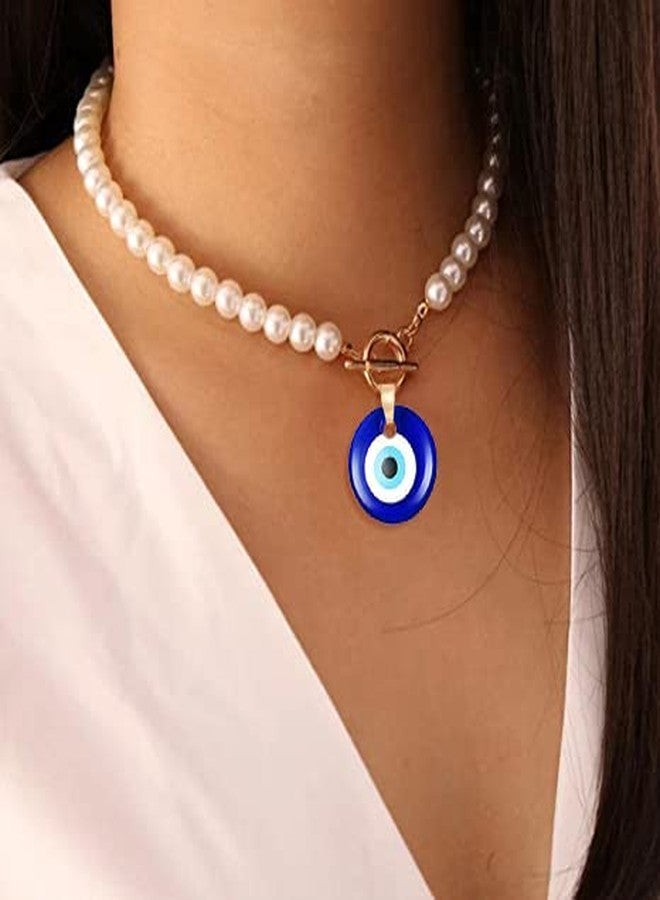 WLL Evil Eye Necklace,Simulated Pearl Choker Necklace Blue Turkish Glass Evil Eye Pendant Necklace for Women Lucky Protection Jewelry (A) - Image 4