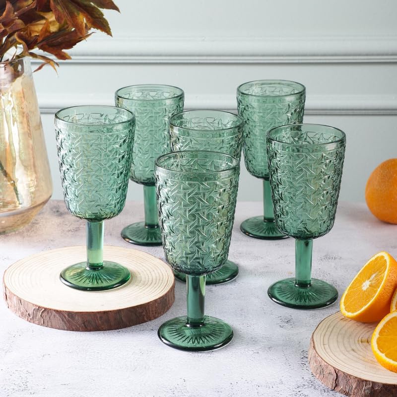 The Decor Mart The Decor Mart Tinted Goblet Set of 6 Elegant Green Textured Glasses 300 mL 8x8x17 cm Perfect for Cocktails Juices and Special Occasions Stylish Drinkware for Every Gathering  - Image 1
