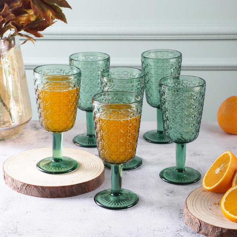 The Decor Mart The Decor Mart Tinted Goblet Set of 6 Elegant Green Textured Glasses 300 mL 8x8x17 cm Perfect for Cocktails Juices and Special Occasions Stylish Drinkware for Every Gathering  - Image 3