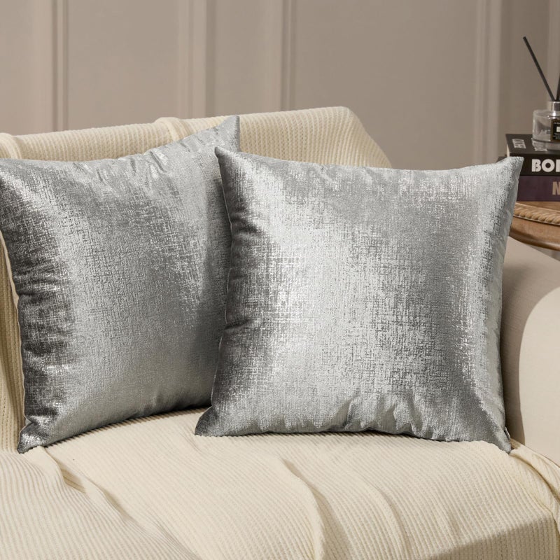 Phantoscope Pack of 2 Sparkling Velvet Decorative Solid Throw Decorative Pillow Cover Soft Silver Glitter Square Cushion Cover Pillowcase for Couch Bed and Chair, Gray, 18 x 18 inches, 45 x 45 cm - Image 1
