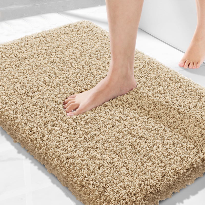 Yimobra Plush Thick and Soft Cut Pile Bathroom Mats  Super Shaggy Comfortable Quick Water Absorbing Non Slip Bath Rugs  Ultra Plush Thick  Machine Washable Bath Mat  32""x 20""  Pure Beige - Image 1