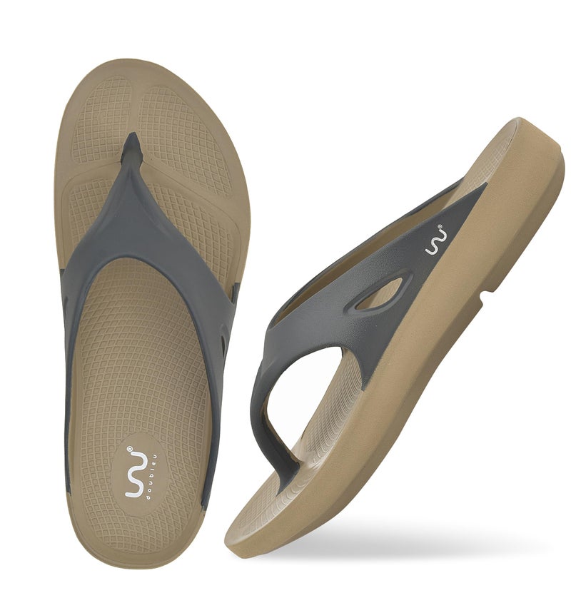 doubleu Recovery Slipper|Soft Doctor Anti-Skid Slipper for Men|Painted Classic|Slides, Flip-Flops, Chappals (9,Khaki+Grey) - Image 2