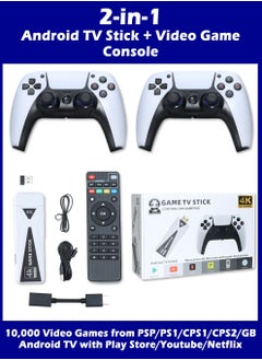 4K Android TV Stick With Built in 14 Retro Video Game Console Plug & Play 2.4G Double Wireless Controller Game Stick - White