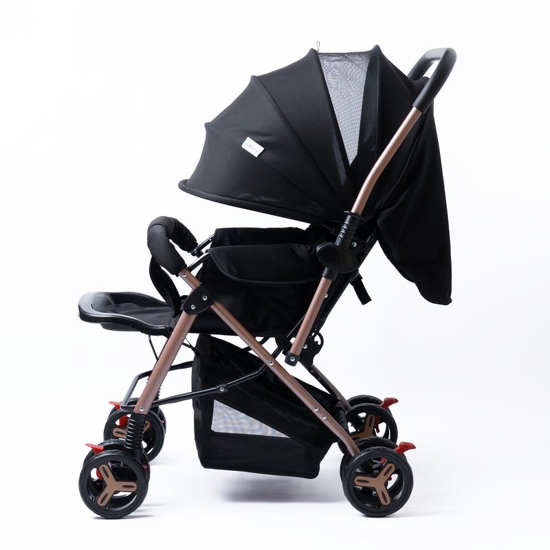 molody Baby Stroller – Reversible Seat, Full Canopy, Big Basket & Cup Holder – Black - Image 2