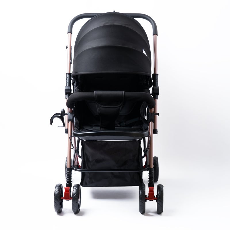 molody Baby Stroller – Reversible Seat, Full Canopy, Big Basket & Cup Holder – Black - Image 5