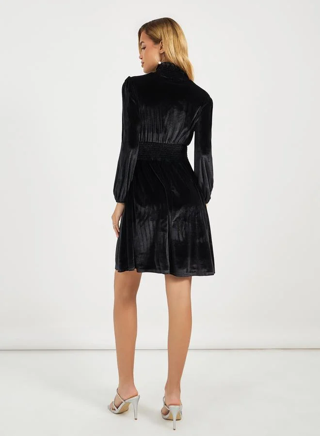Styli Velvet Smocked Waist Dress