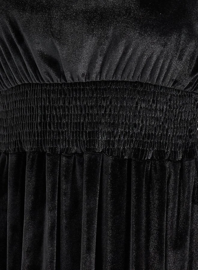 Styli Velvet Smocked Waist Dress