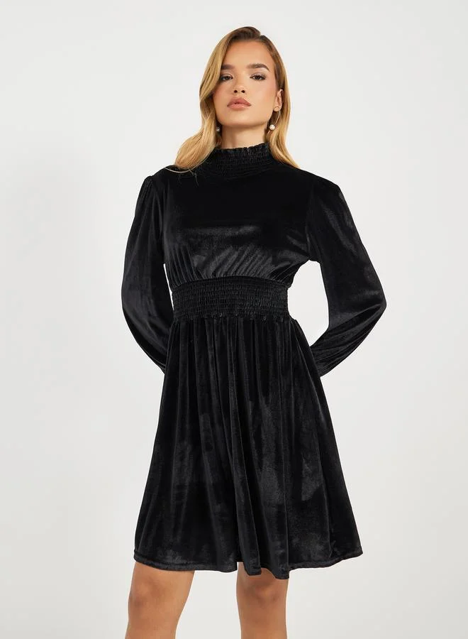 Styli Velvet Smocked Waist Dress