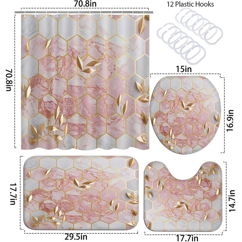 Omebero 4 Pcs Pink Shower Curtain Sets with Rugs Bathroom Sets with Shower Curtain and Rugs Modern Abstract Halloween Bathroom Decor Accessories Shower Curtains for Bathroom Toilet Lid Cover - Image 4