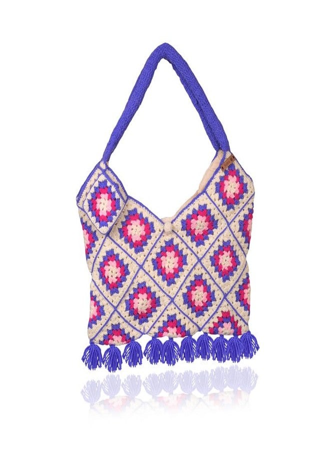 Sutra Handmade Wool Crochet Purple Handle Patchwork Bag | Boho Shoulder Purse | Eco-Friendly Reusable Tote Bag | Summer Beach Handbag for Women Girls - Image 1