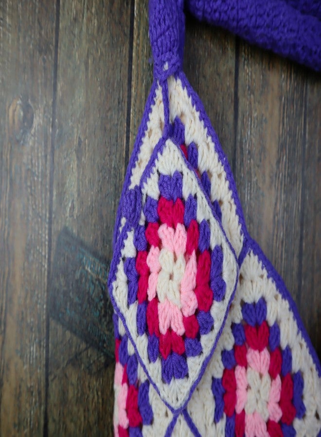 Sutra Handmade Wool Crochet Purple Handle Patchwork Bag | Boho Shoulder Purse | Eco-Friendly Reusable Tote Bag | Summer Beach Handbag for Women Girls - Image 3