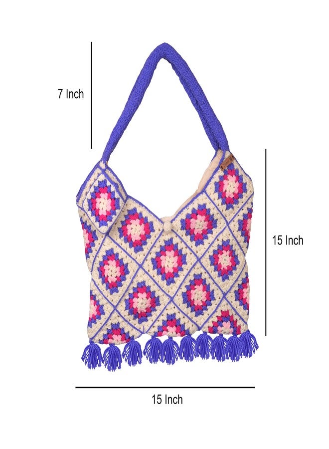 Sutra Handmade Wool Crochet Purple Handle Patchwork Bag | Boho Shoulder Purse | Eco-Friendly Reusable Tote Bag | Summer Beach Handbag for Women Girls - Image 2