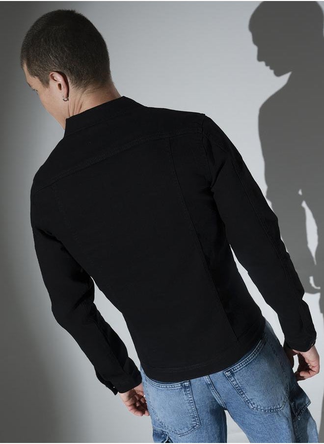 Men's Black 100% Cotton Solid Pattern Button Down Regular Fit Denim Jacket