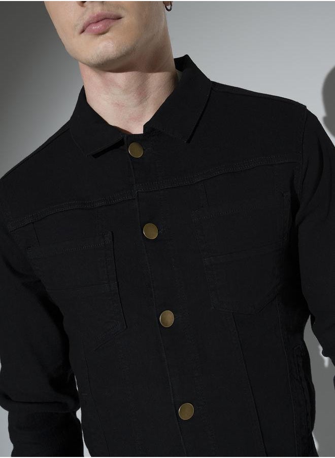 Men's Black 100% Cotton Solid Pattern Button Down Regular Fit Denim Jacket
