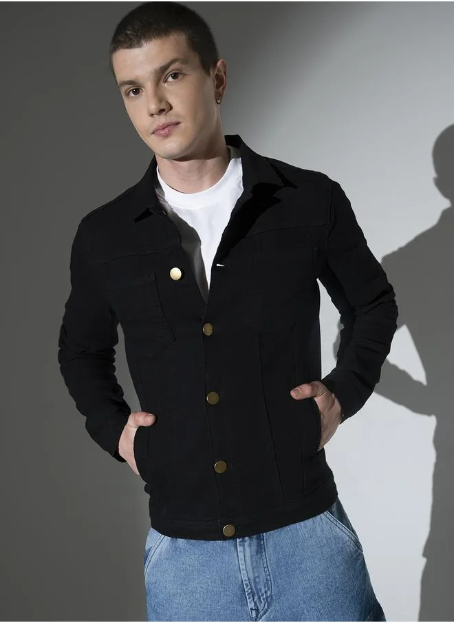 هوبرهولمي Men's Black 100% Cotton Solid Pattern Button Down Regular Fit Denim Jacket