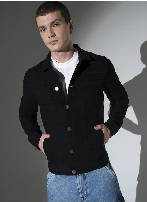 Men's Black 100% Cotton Solid Pattern Button Down Regular Fit Denim Jacket