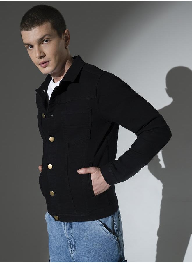 Men's Black 100% Cotton Solid Pattern Button Down Regular Fit Denim Jacket