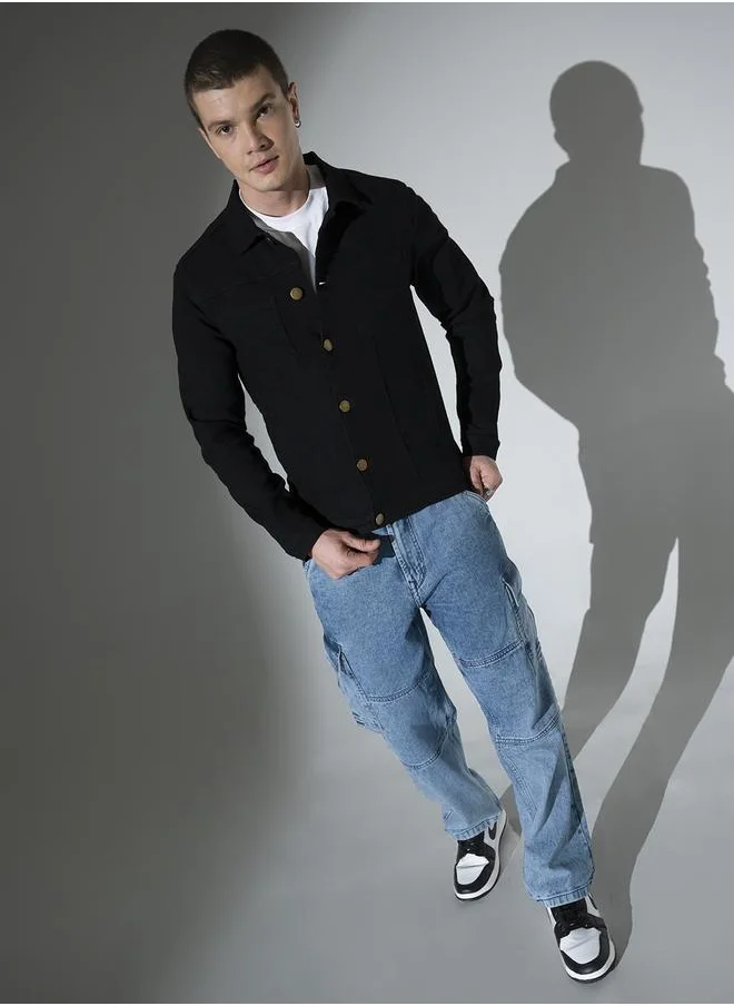هوبرهولمي Men's Black 100% Cotton Solid Pattern Button Down Regular Fit Denim Jacket