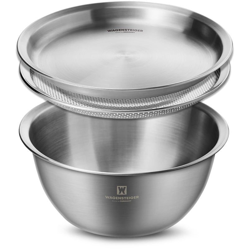 WAGENSTEIGER 3Piece Stainless Steel Mixing Bowl Set with Strainer Oil Drain Tray Nesting Prep Baking Bowls with Measurement Marks 945 in - Image 2