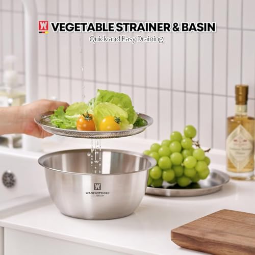 WAGENSTEIGER 3Piece Stainless Steel Mixing Bowl Set with Strainer Oil Drain Tray Nesting Prep Baking Bowls with Measurement Marks 945 in - Image 3