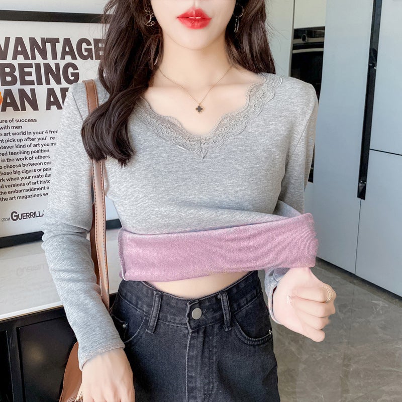 Autumn and Winter new warm long-sleeved womens fleece-lined thickened one-piece V-neck lace velvet thermal top womens bottoming shirt Gray - Image 1