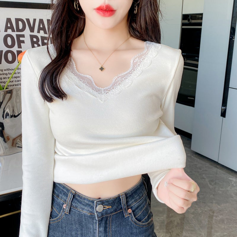 Autumn and Winter new warm long-sleeved womens fleece-lined thickened one-piece V-neck lace velvet thermal top womens bottoming shirt Gray - Image 2