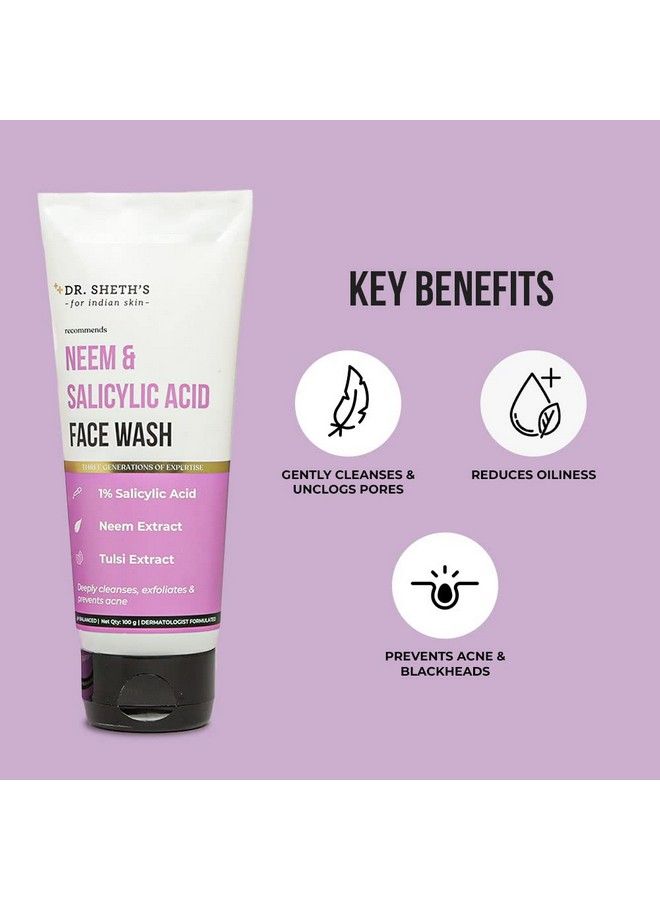 Dr. Sheth's Neem & Salicylic Acid Face Wash Cleanser Deeply Cleanses Exfoliates & Prevents Acne With 1% Salicylic Acid Neem & Tulsi Extracts For Women & Men 100G - Image 3