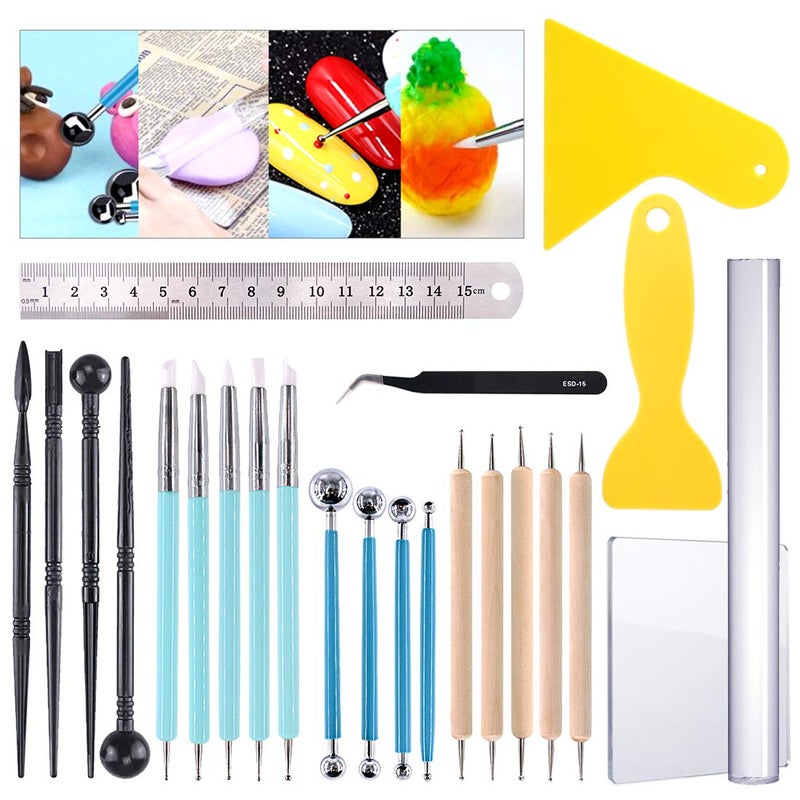 Glarks 24Pcs Carving Modeling Clay Sculpting Tool Set Including Ball Stylus Dotting Tool DualEnded Pottery Tool Ball Rod Stylus Tool Ruler Scraper for Embossing Art Coloring Nail Art Painting