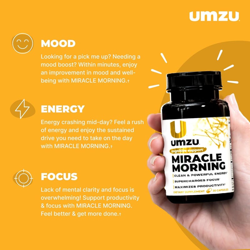 UMZU مكمل طاقة صباح المعجزة من UMZU مع الكافيين معززات الطاقة 150 ملغ من الكافيين تدعم التركيز والإنتاجية والمزاج طوال اليوم 30 يومًا إمداد 30 كبسولة - Image 3
