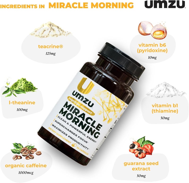UMZU مكمل طاقة صباح المعجزة من UMZU مع الكافيين معززات الطاقة 150 ملغ من الكافيين تدعم التركيز والإنتاجية والمزاج طوال اليوم 30 يومًا إمداد 30 كبسولة - Image 4