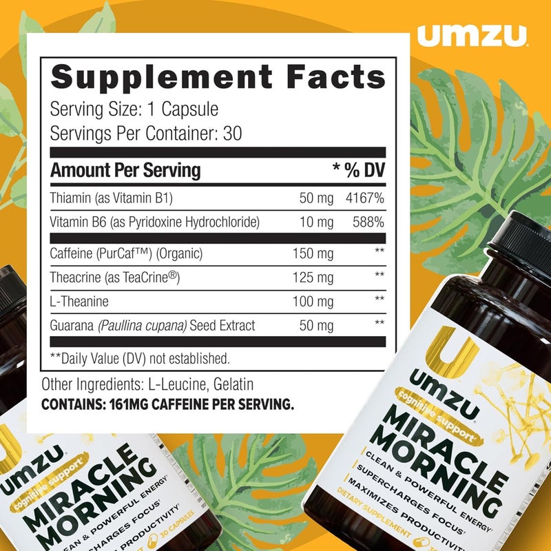 UMZU مكمل طاقة صباح المعجزة من UMZU مع الكافيين معززات الطاقة 150 ملغ من الكافيين تدعم التركيز والإنتاجية والمزاج طوال اليوم 30 يومًا إمداد 30 كبسولة - Image 5